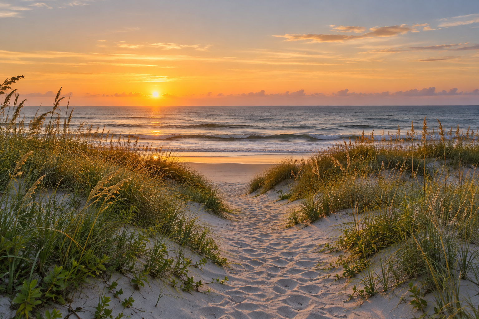 A coastal path leading toward the ocean at sunrise